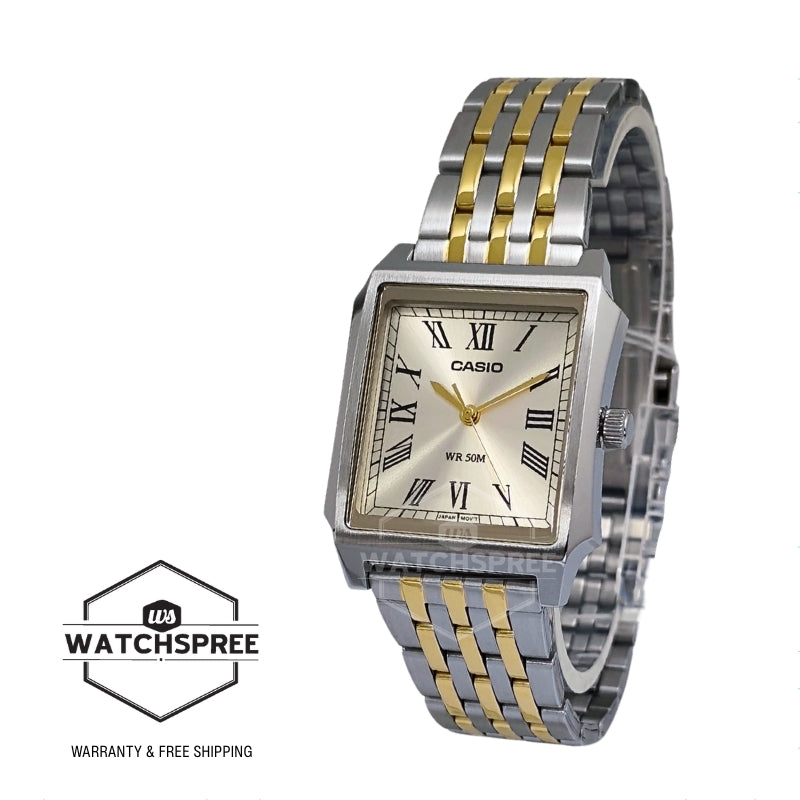Casio Men's Analog Square Dial Two-Tone Gold Ion Plated Stainless Steel Band Watch MTPB190SG-9B MTP-B190SG-9B