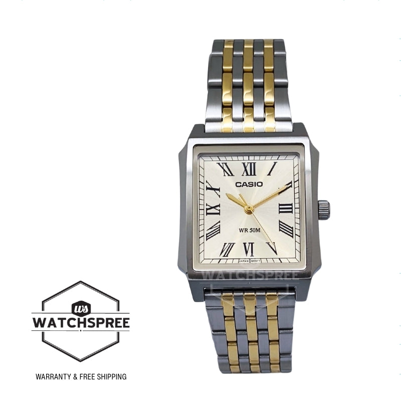 Casio Men's Analog Square Dial Two-Tone Gold Ion Plated Stainless Steel Band Watch MTPB190SG-9B MTP-B190SG-9B