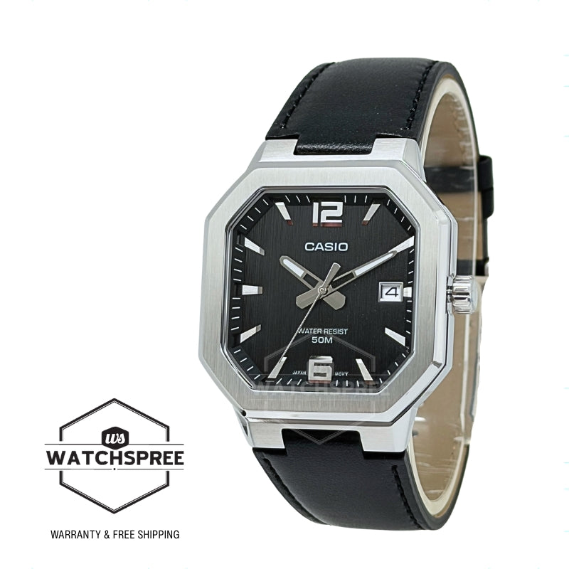 Casio Men's Analog Octagonal Dial Black Leather Strap Watch MTPB195L-1A MTP-B195L-1A