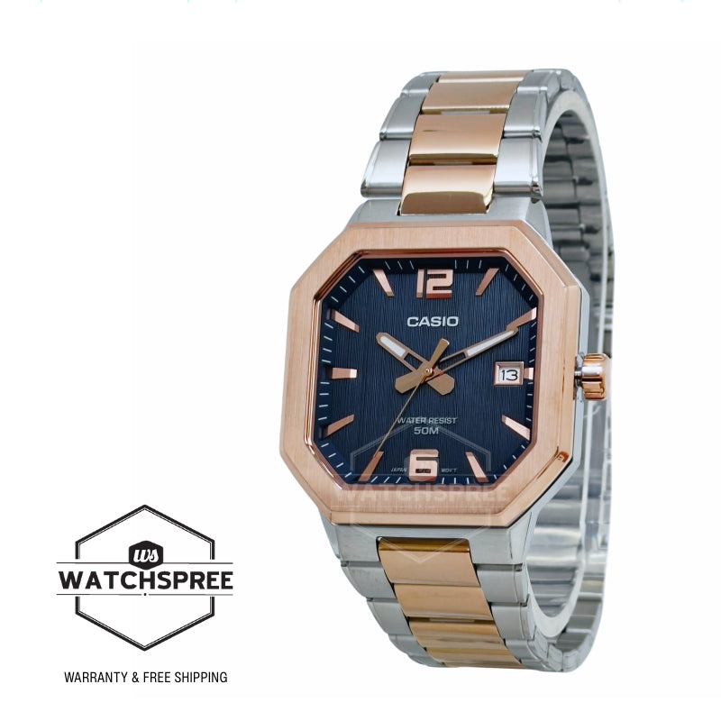 Casio Men's Analog Octagonal Dial Two-Tone Stainless Steel Band Watch MTPB195RG-2A MTP-B195RG-2A