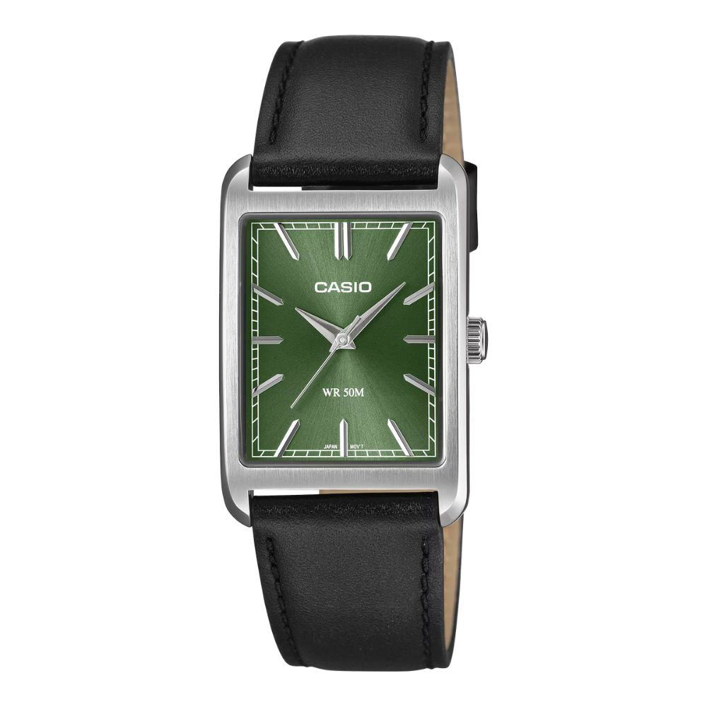 Casio Men's Analog Rectangular Dial Black Leather Strap Watch MTPB215L-3A MTP-B215L-3A