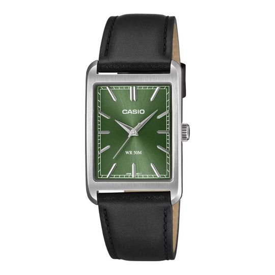 Casio Men's Analog Rectangular Dial Black Leather Strap Watch MTPB215L-3A MTP-B215L-3A