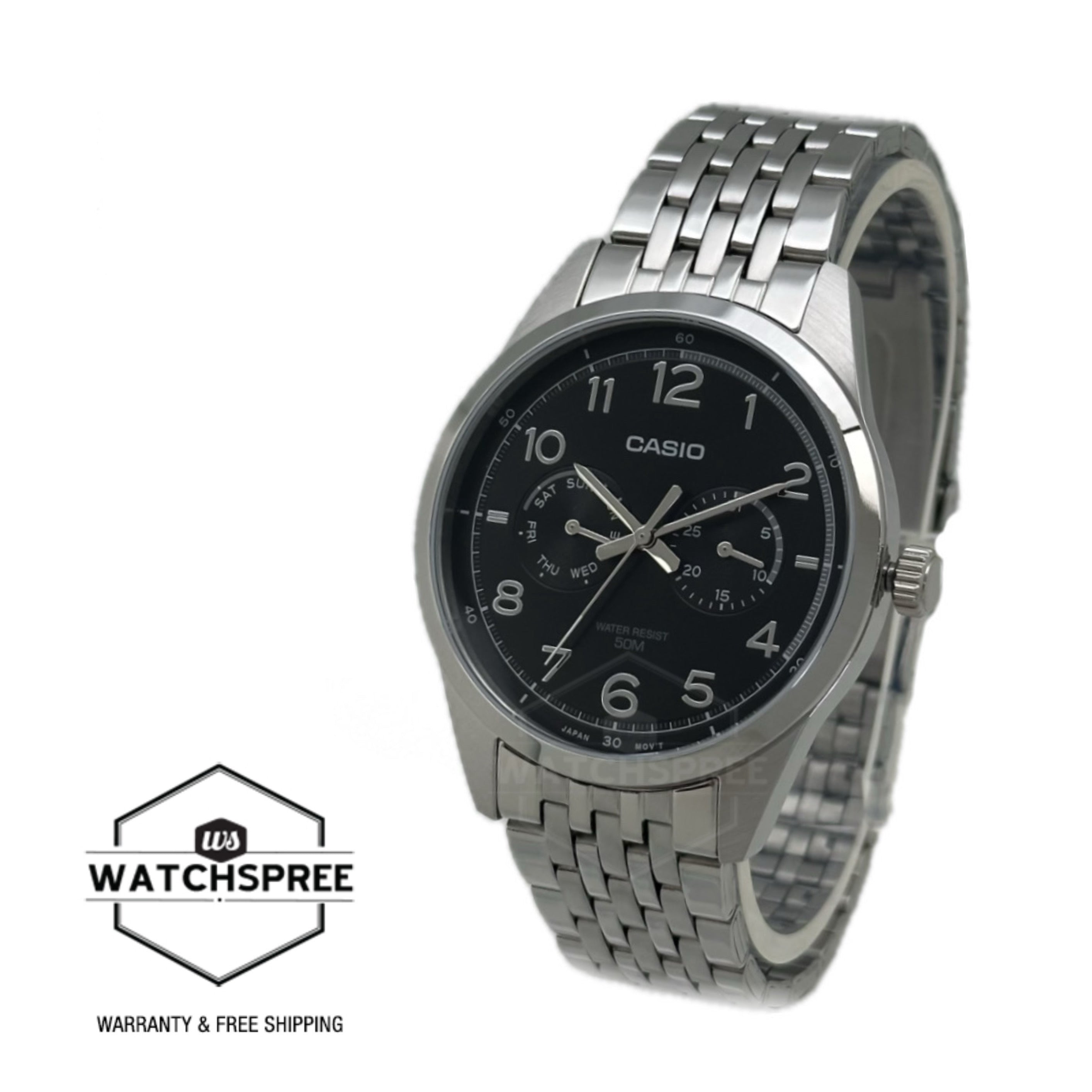 Casio Men's Analog Stainless Steel Band Watch MTPE340D-1A MTP-E340D-1A