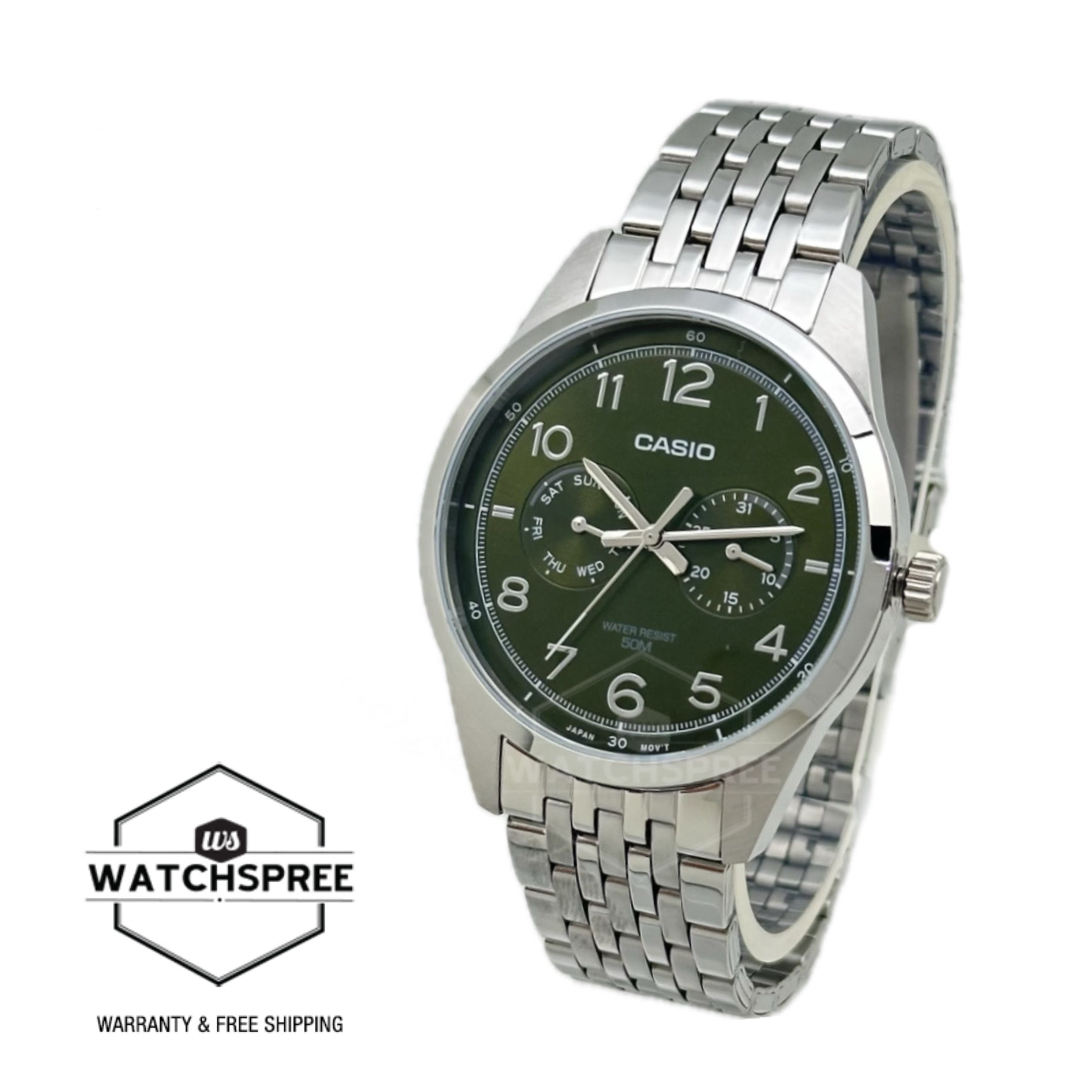 Casio Men's Analog Stainless Steel Band Watch MTPE340D-3A MTP-E340D-3A