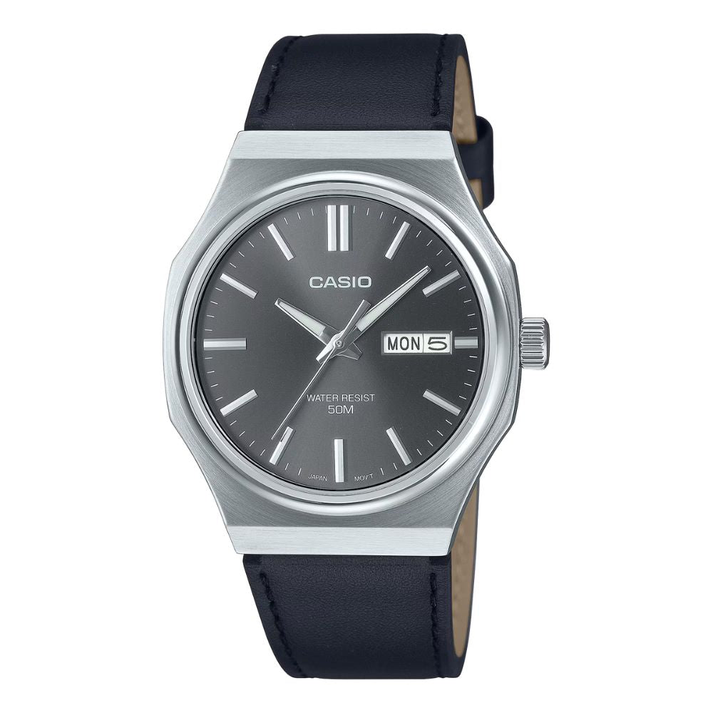Casio Men's Analog Black Leather Strap Watch MTPE735L-8A MTP-E735L-8A