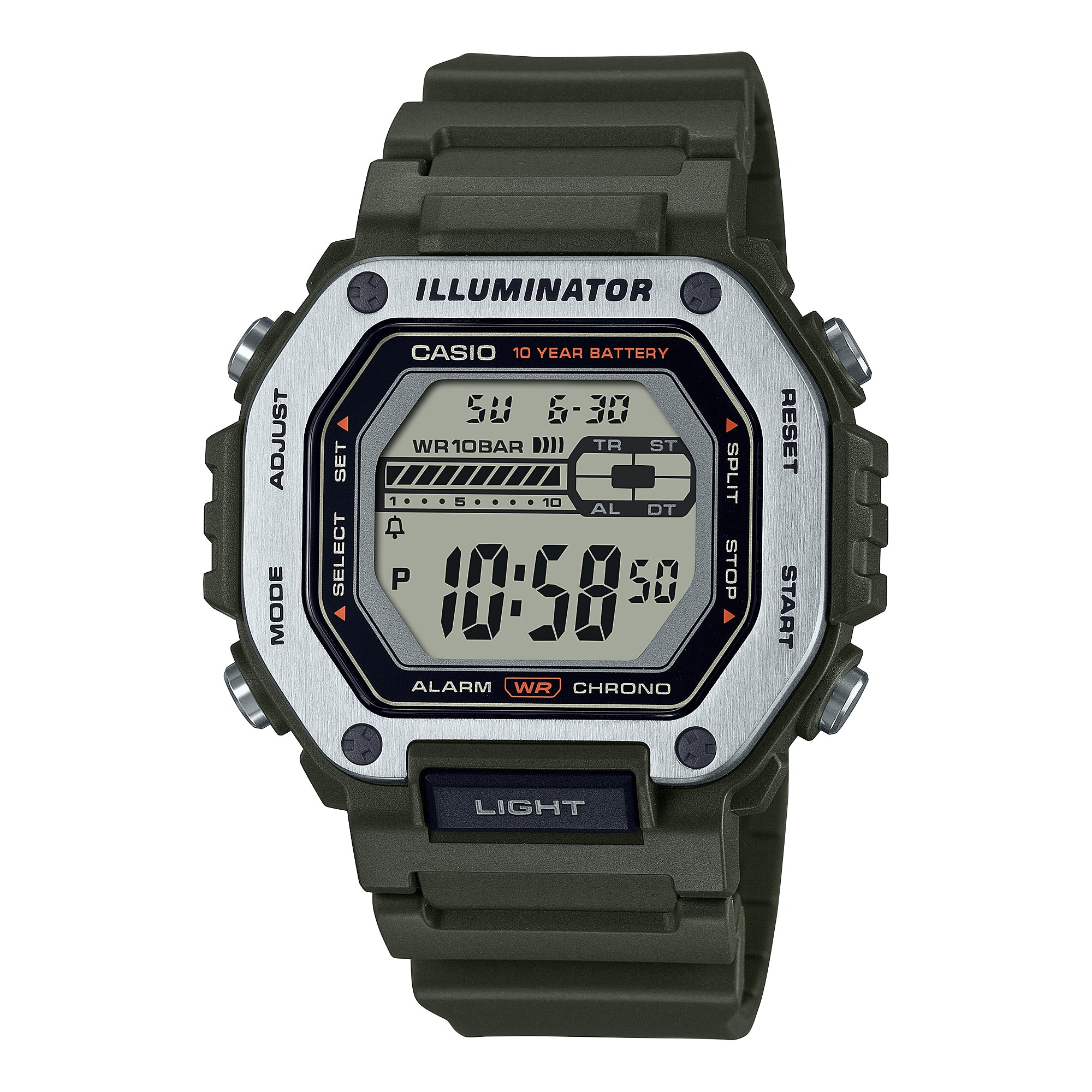 Casio Digital Dual Time Army Green Resin Band Watch MWD110H-3A MWD-110H-3A