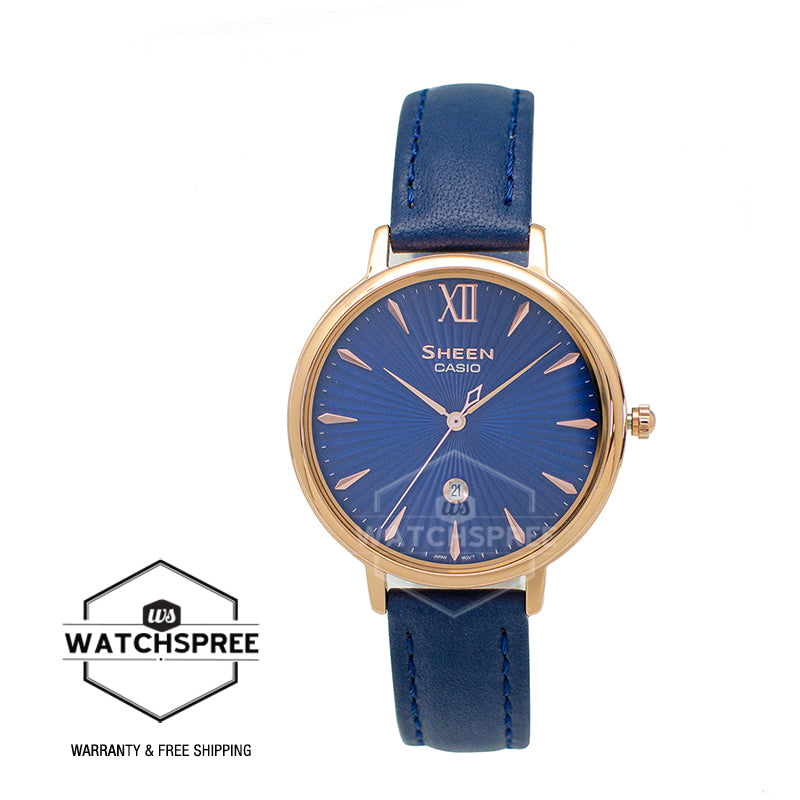 Casio Sheen Sapphire Crystal Lineup Slim Case Blue Leather Band Watch SHE4534PGL-2A SHE-4534PGL-2A