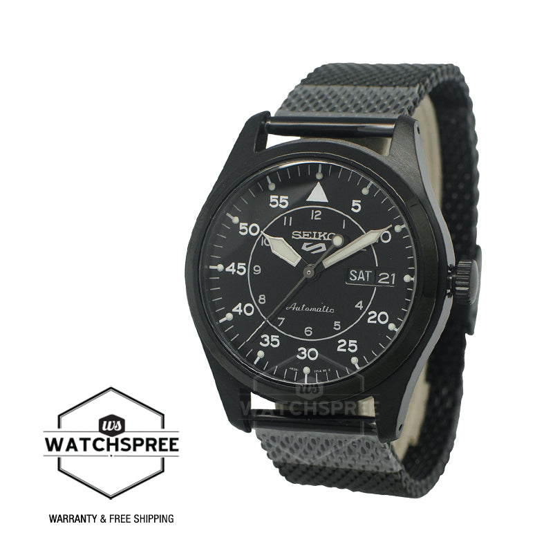 Seiko 5 Sports Automatic Field Suits Style Black Stainless Steel Mesh Band Watch SRPH25K1