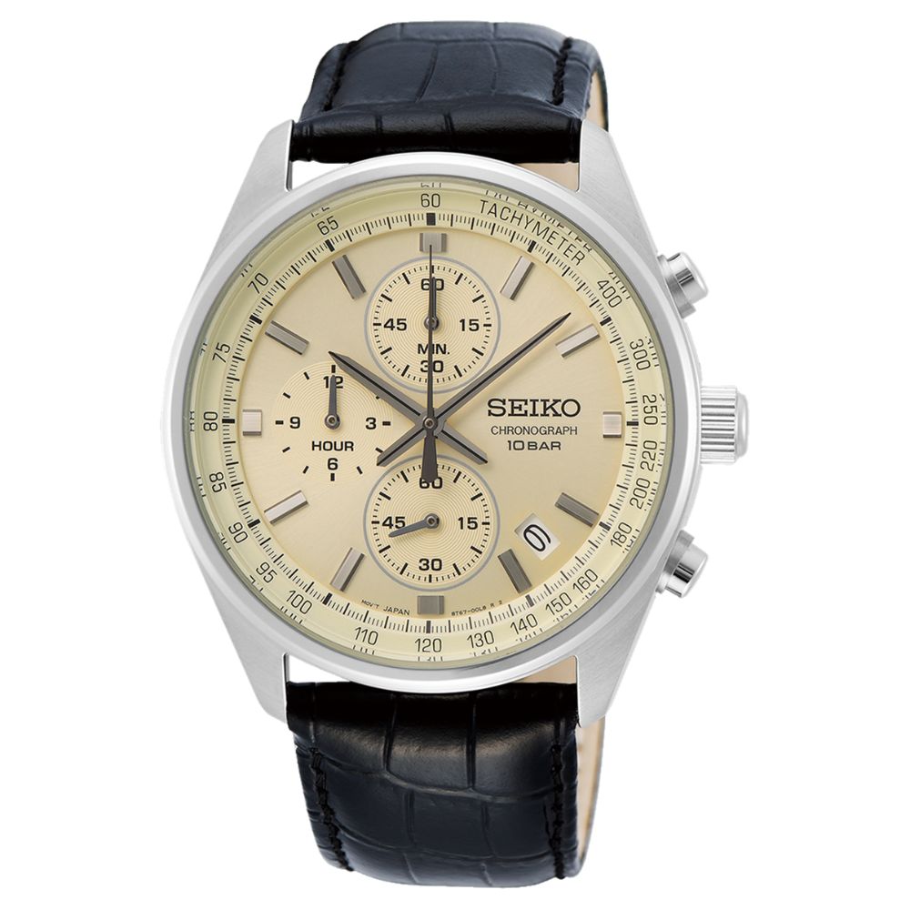 Seiko Chronograph Quartz Conceptual Black Calf Leather Strap Watch SSB383P1