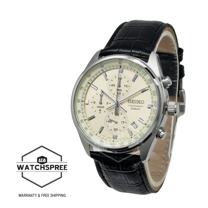 Seiko Chronograph Quartz Conceptual Black Calf Leather Strap Watch SSB383P1
