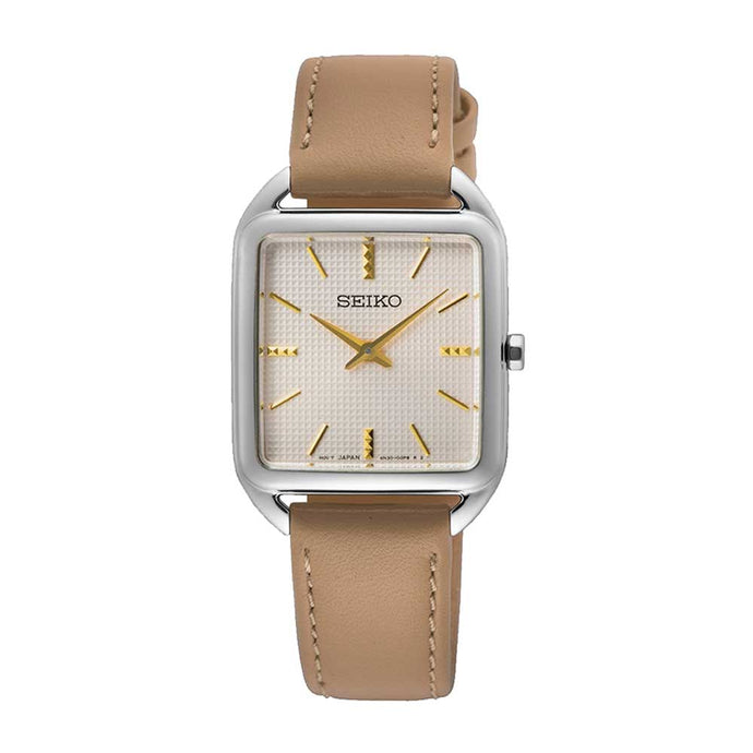 Seiko Ladies' Quartz Rectangular Dial Brown Calf Leather Strap Watch SWR089P1