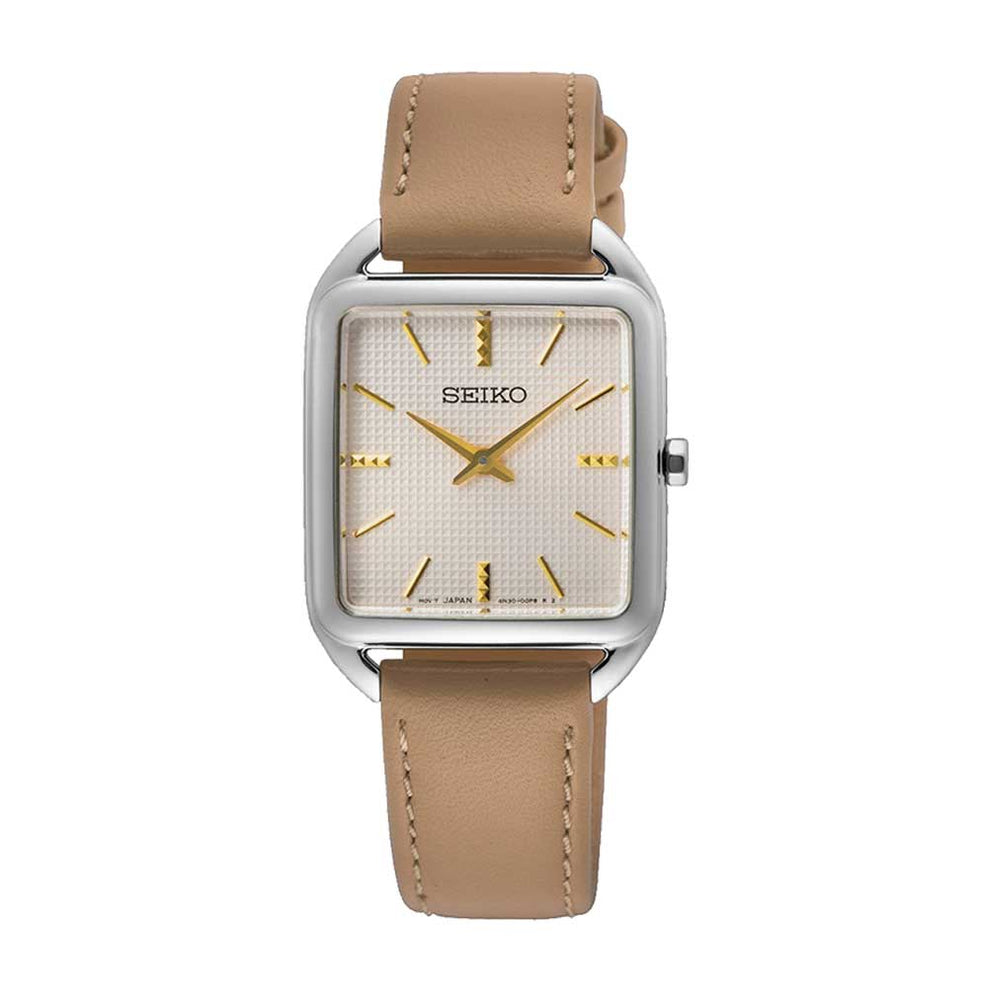 Seiko Ladies' Quartz Rectangular Dial Brown Calf Leather Strap Watch SWR089P1