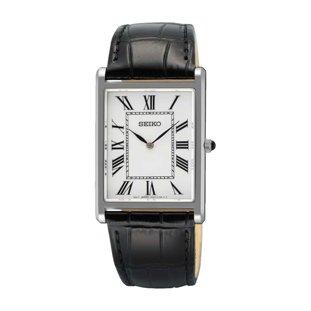Seiko Quartz Conceptual Regular Rectangular Dial Black Calf Leather Strap Watch SWR103P1