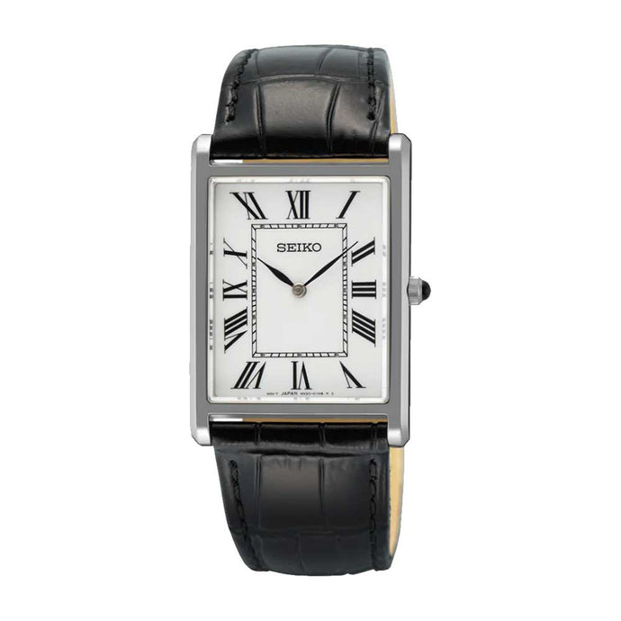 Seiko Quartz Conceptual Regular Rectangular Dial Black Calf Leather Strap Watch SWR103P1