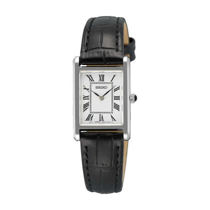Seiko Ladies' Quartz Conceptual Regular Rectangular Dial Black Calf Leather Strap Watch SWR107P1