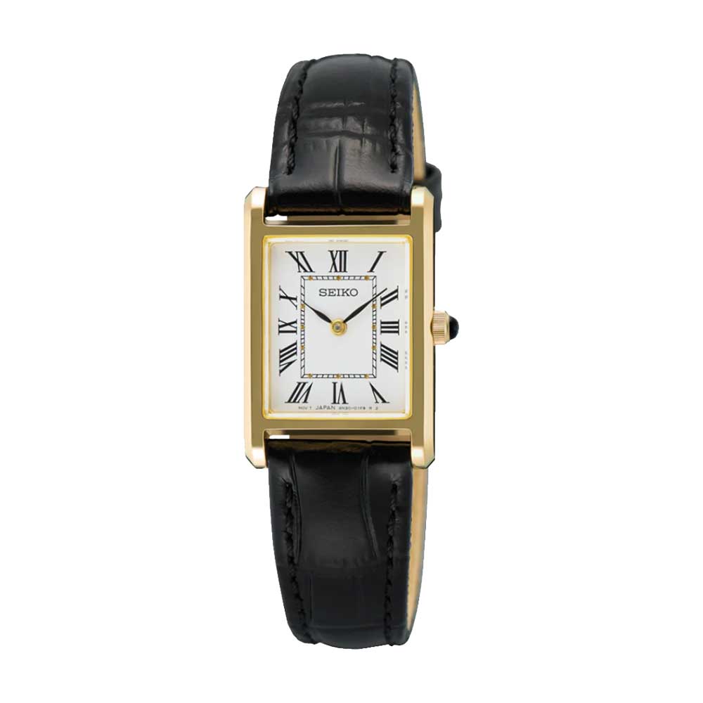 Seiko Ladies' Quartz Conceptual Regular Rectangular Dial Black Calf Leather Strap Watch SWR108P1