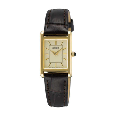 Seiko Ladies' Quartz Conceptual Rectangular Dial Dark Brown Calf Leather Strap Watch SWR110P1