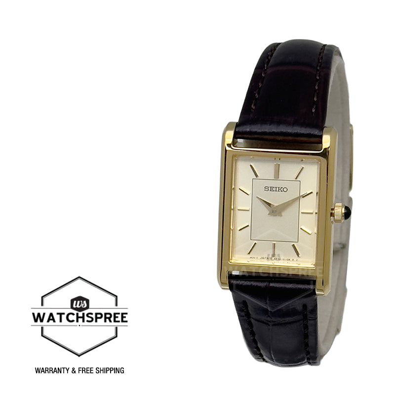 Seiko Ladies' Quartz Conceptual Rectangular Dial Dark Brown Calf Leather Strap Watch SWR110P1