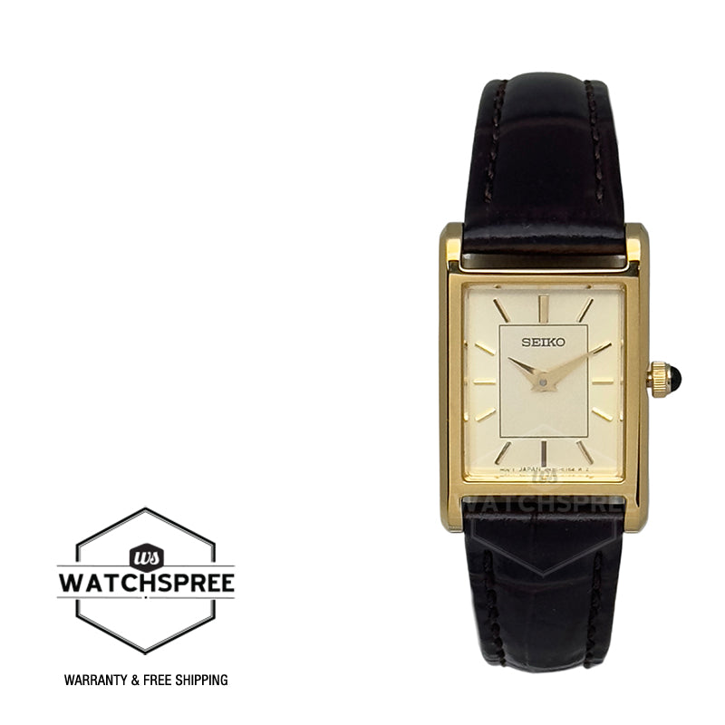 Seiko Ladies' Quartz Conceptual Rectangular Dial Dark Brown Calf Leather Strap Watch SWR110P1