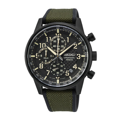 Seiko Chronograph Olive Green/Black Polyurethane Strap Watch SSB373P1