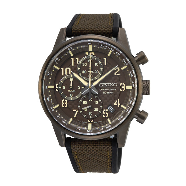 Seiko Chronograph Black/Brown Polyurethane Strap Watch SSB371P1