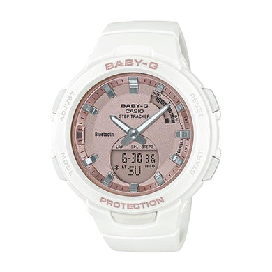 Casio Baby-G G-Squad Pink Gold Face Bluetooth¨ White Resin Band Watch BSAB100MF-7A BSA-B100MF-7A
