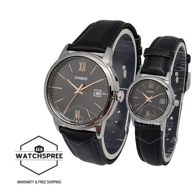 Casio Couple Black Leather Strap Watch LTPV002L-1B3 MTPV002L-1B3 [Couple Watch Set] Watchspree