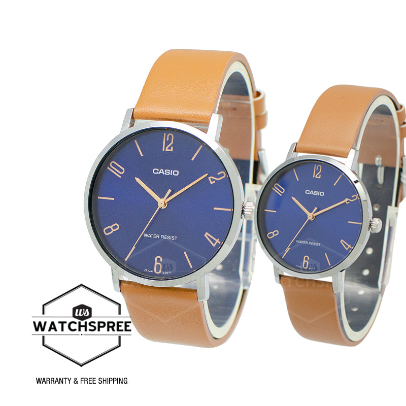 Casio Couple Brown Leather Strap Watch LTPVT01L-2B2 MTPVT01L-2B2 [Couple Watch Set] Watchspree