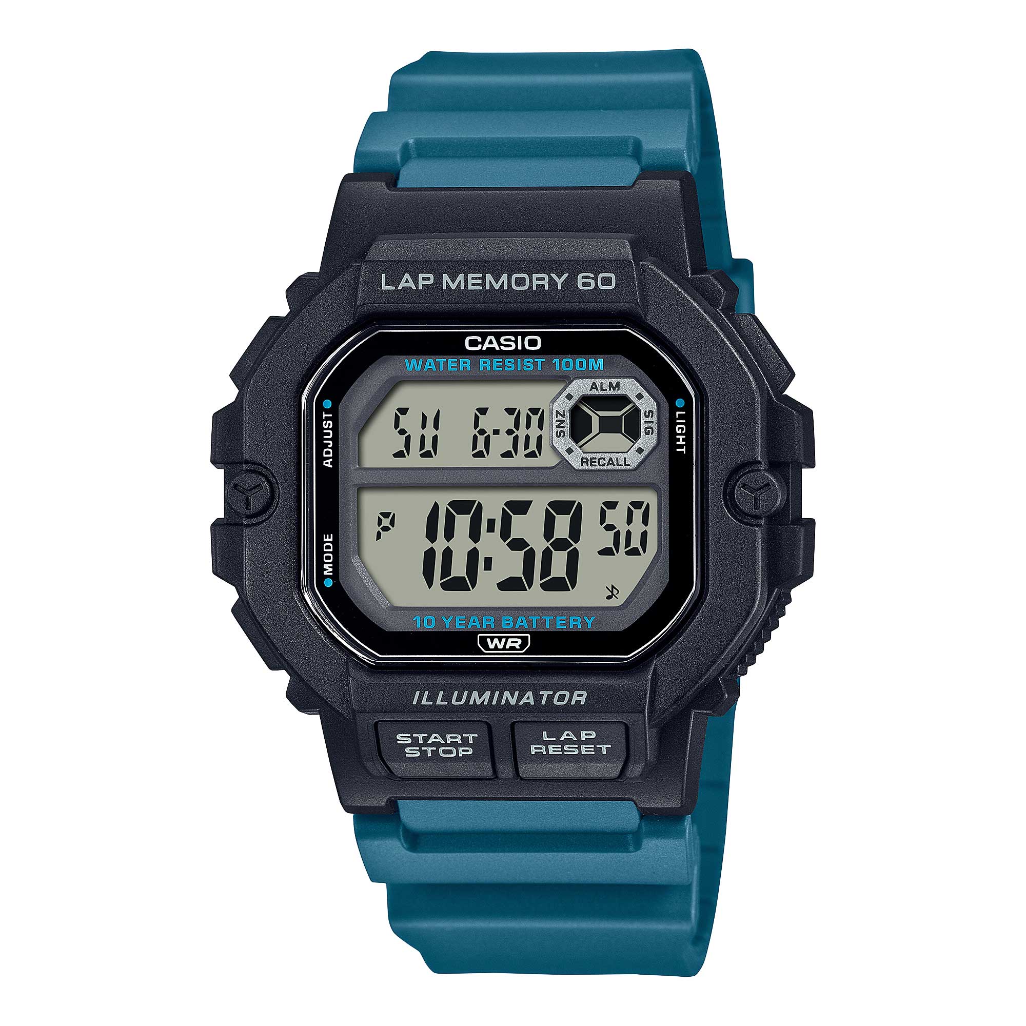 Casio Digital Dual Time Blue Green Resin Band Watch WS1400H-3A WS-1400H-3A Watchspree