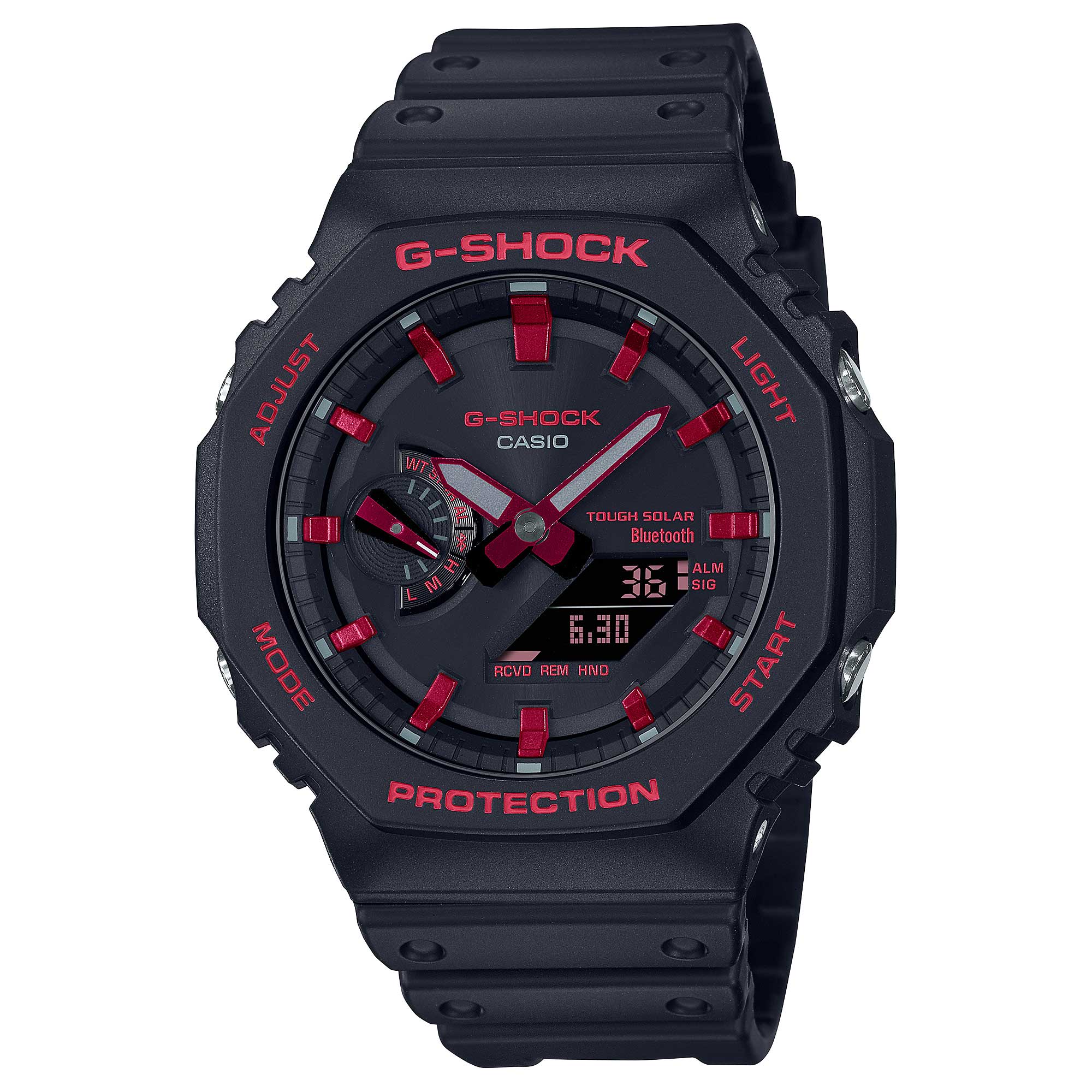 Casio G-Shock Carbon Core Guard Structure Bluetooth® Solar Powered GA-2100 Lineup Black and Fiery Red Series Black Resin Band Watch GAB2100BNR-1A GA-B2100BNR-1A Watchspree
