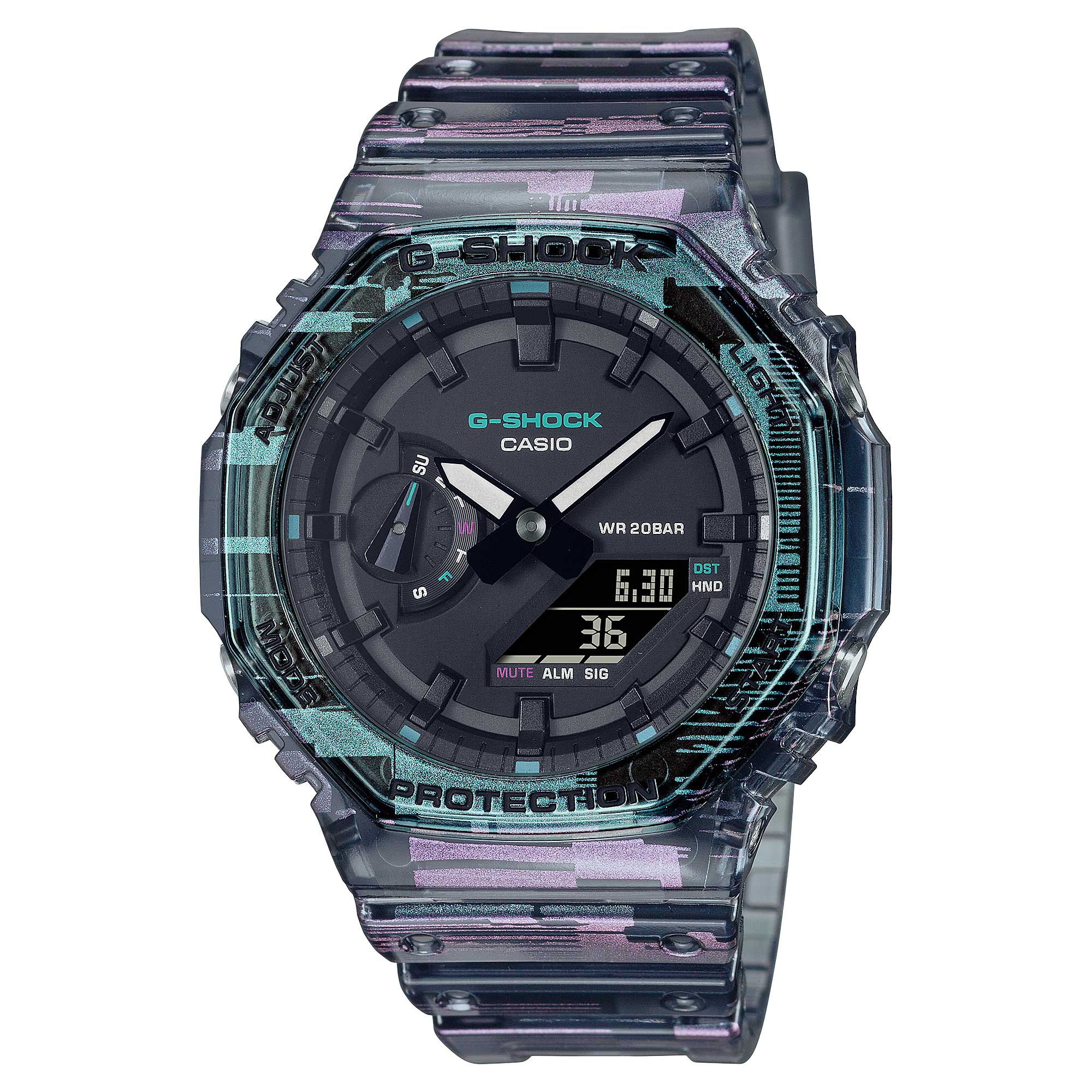 Casio G-Shock Carbon Core Guard Structure Naughty Noise Series Digital Glitch Translucent Resin Band Watch GA2100NN-1A GA-2100NN-1A Watchspree