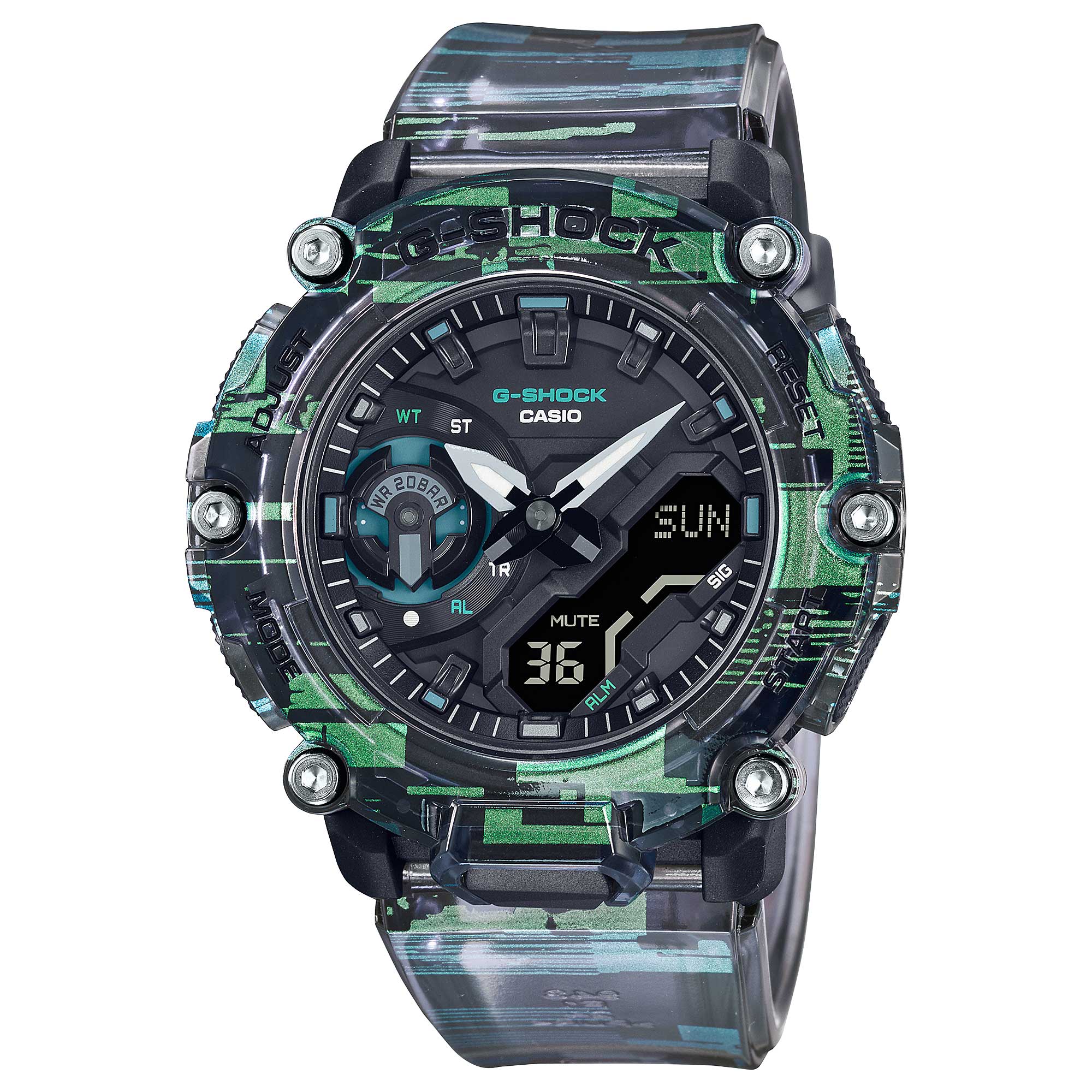 Casio G-Shock Carbon Core Guard Structure Naughty Noise Series Digital Glitch Translucent Resin Band Watch GA2200NN-1A GA-2200NN-1A Watchspree