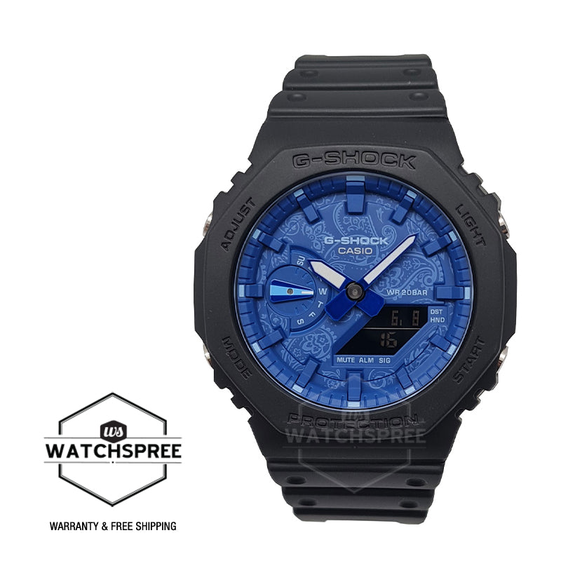 Casio G-Shock Carbon Core Guard Structure Paisley Blue Series Black Resin Band Watch GA2100BP-1A GA-2100BP-1A Watchspree