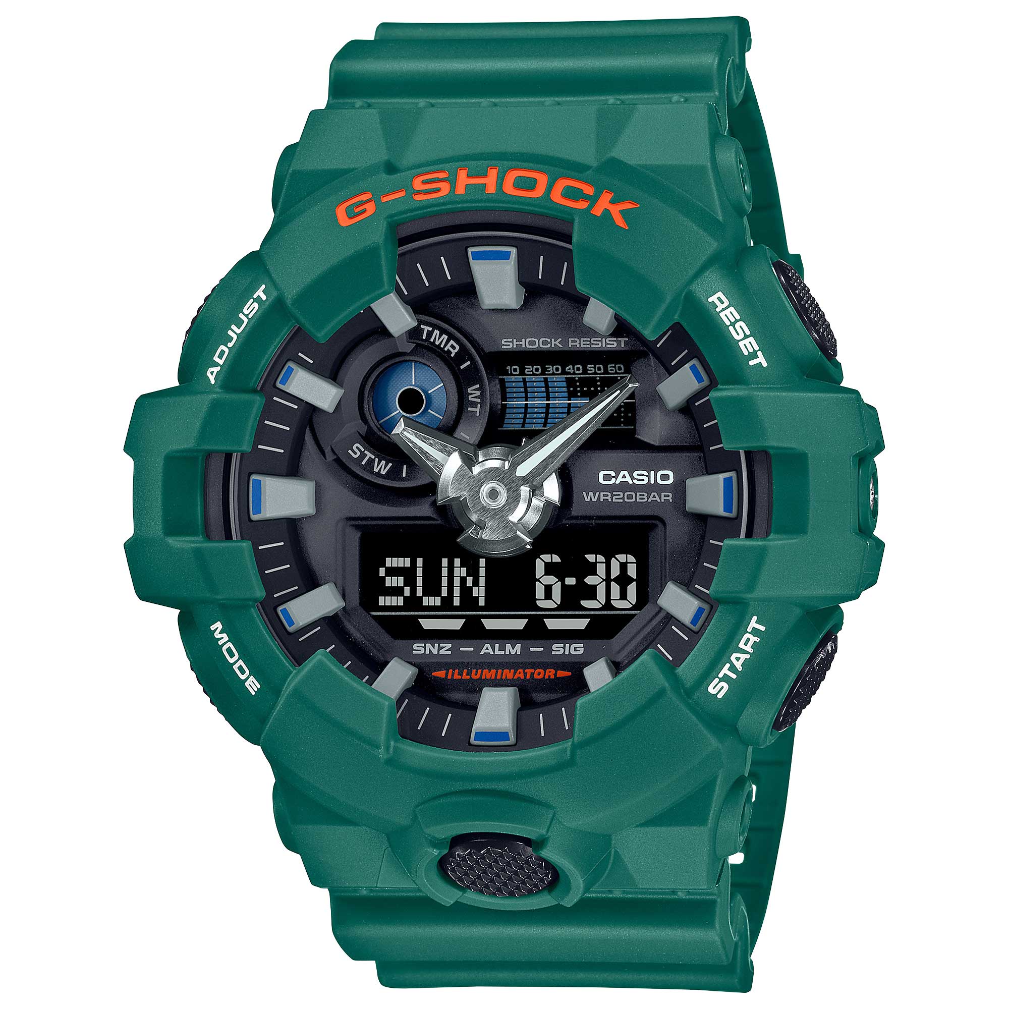 Casio G-Shock GA-700 Lineup Popular Spirited Colours Green Resin Band Watch GA700SC-3A GA-700SC-3A Watchspree
