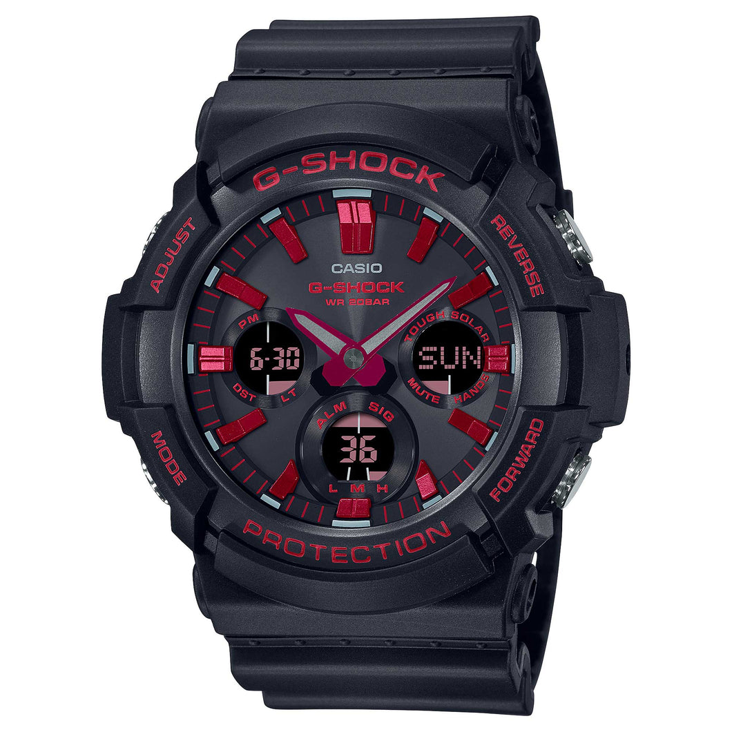 Casio G-Shock GAS-100 Lineup Tough Solar Black and Fiery Red Series Black Resin Band Watch GAS100BNR-1A GAS-100BNR-1A Watchspree