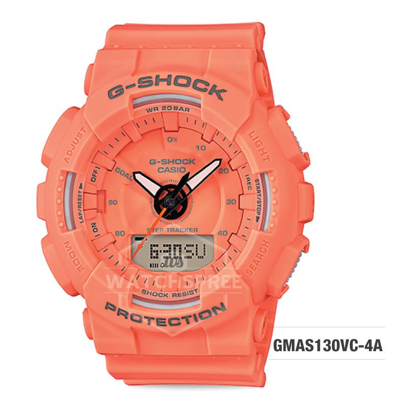Casio G-Shock S Series Step Tracker Orange Resin Band Watch GMAS130VC-4A GMA-S130VC-4A Watchspree