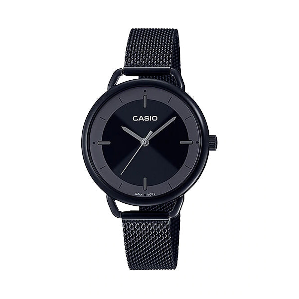 Casio Ladies' Analog Black Ion Plated Stainless Steel Mesh Band Watch LTPE413MB-1A LTP-E413MB-1A Watchspree