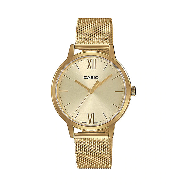Casio Ladies' Analog Gold Ion Plated Stainless Steel Mesh Band Watch LTPE157MG-9A LTP-E157MG-9A Watchspree