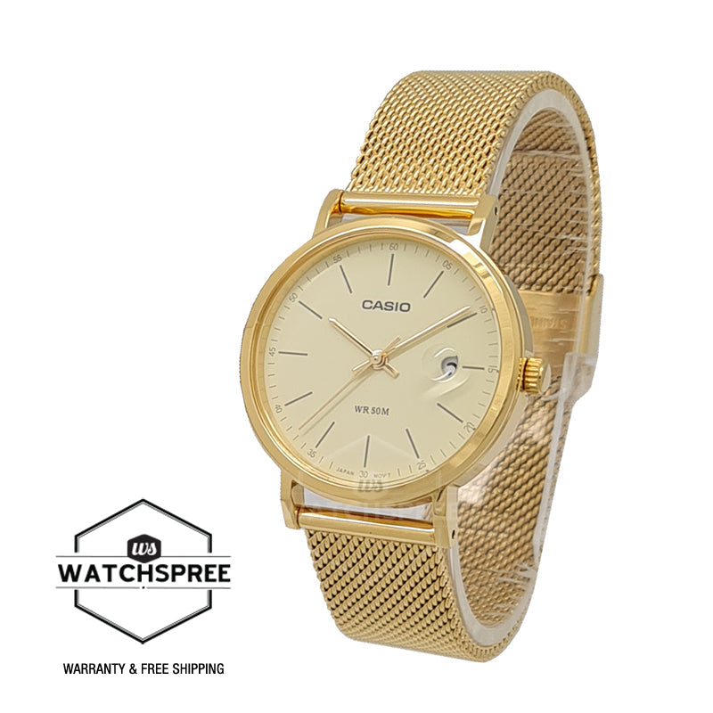 Casio Ladies' Analog Gold Ion Plated Stainless Steel Mesh Band Watch LTPE175MG-9E LTP-E175MG-9E Watchspree