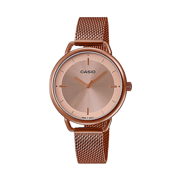 Casio Ladies' Analog Pink Gold Ion Plated Stainless Steel Mesh Band Watch LTPE413MR-9A LTP-E413MR-9A Watchspree