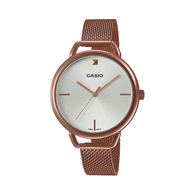 Casio Ladies' Analog Pink Gold Ion Plated Stainless Steel Mesh Band Watch LTPE415MR-7C LTP-E415MR-7C Watchspree