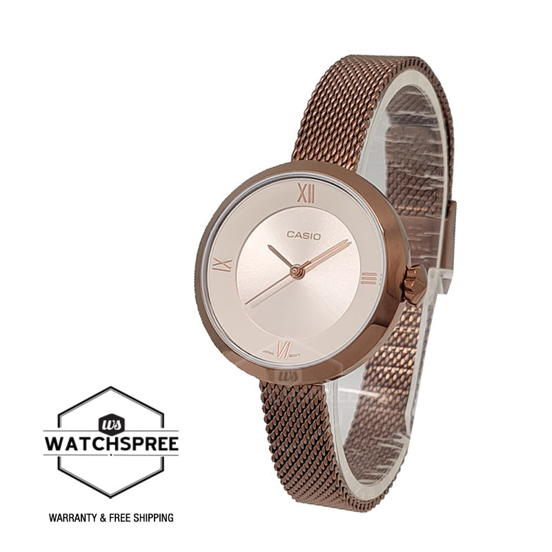 Casio Ladies' Analog Rose Gold Ion Plated Stainless Steel Mesh Band Watch LTP-E154MR-9A LTP-E154MR-9A Watchspree