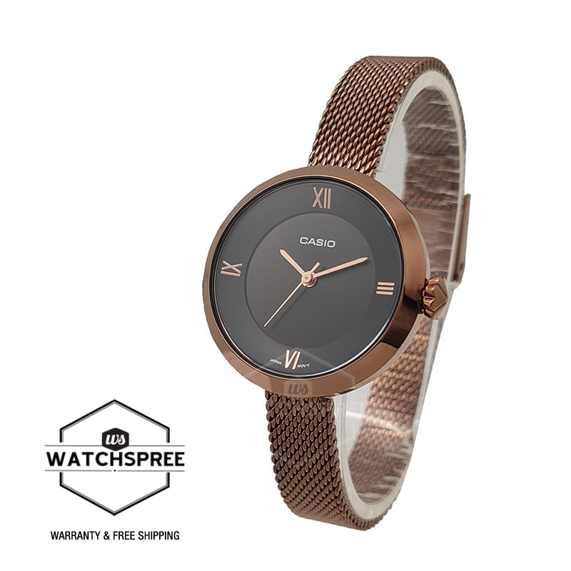 Casio Ladies' Analog Rose Gold Ion Plated Stainless Steel Mesh Band Watch LTPE154MR-1A LTP-E154MR-1A Watchspree