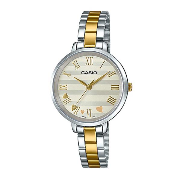 Casio Ladies' Analog Two Tone Gold Ion Plated Stainless Steel Band Watch LTPE160SG-9A LTP-E160SG-9A Watchspree