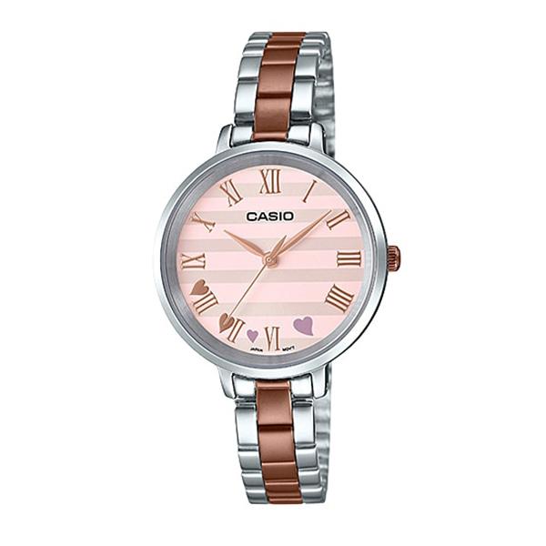 Casio Ladies' Analog Two Tone Rose Gold Ion Plated Stainless Steel Band Watch LTPE160RG-4A LTP-E160RG-4A Watchspree