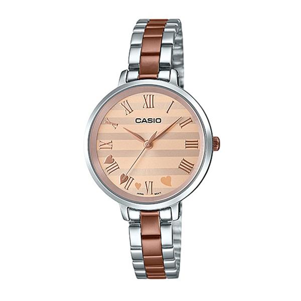 Casio Ladies' Analog Two Tone Rose Gold Ion Plated Stainless Steel Band Watch LTPE160RG-9A LTP-E160RG-9A Watchspree