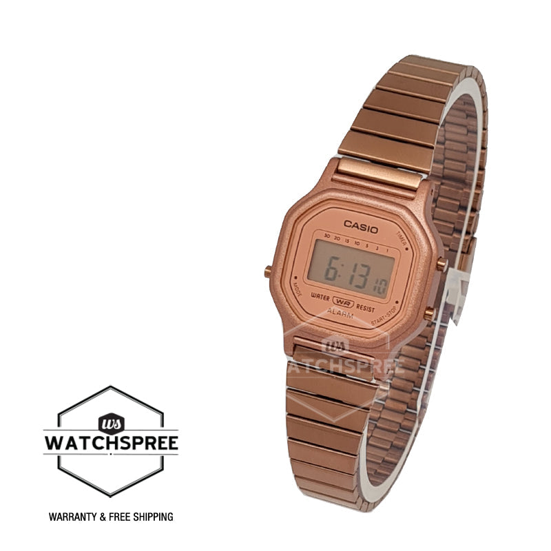 Casio Ladies' Digital Rose Gold Ion Plated Stainless Steel Band Watch LA11WR-5A LA-11WR-5A Watchspree