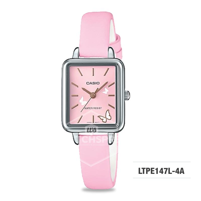 Casio Ladies' Fashion Pink Leather Strap Watch LTPE147L-4A LTP-E147L-4A Watchspree