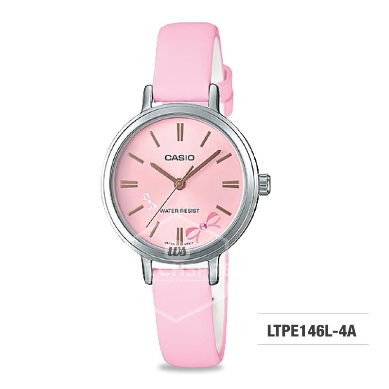 Casio Ladies' Fashion Standard Analog Pink Leather Strap Watch LTPE146L-4A LTP-E146L-4A Watchspree