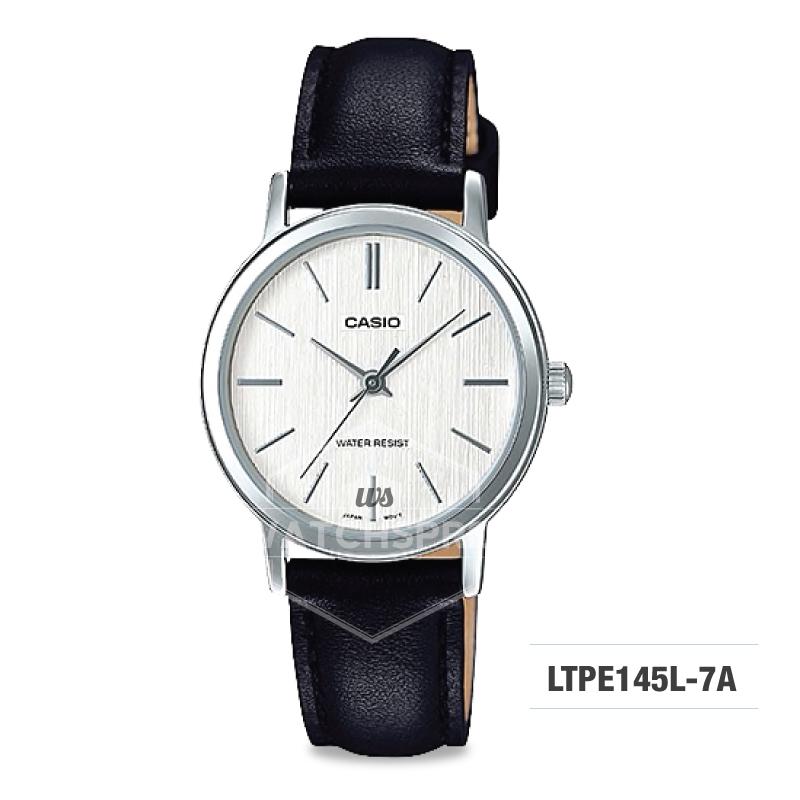 Casio Ladies' Standard Analog Black Leather Strap Watch LTPE145L-7A LTP-E145L-7A Watchspree